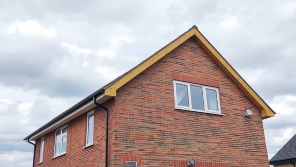 House under construction with brick facade and gabled roof.