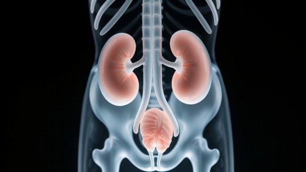 3D model showing human urinary system with kidneys, ureters, bladder.