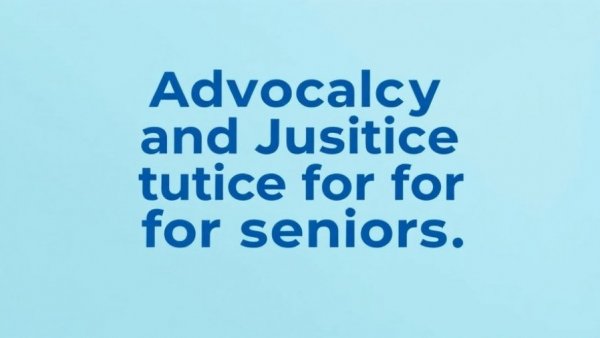 Minimalist blue background with advocacy text on senior justice.