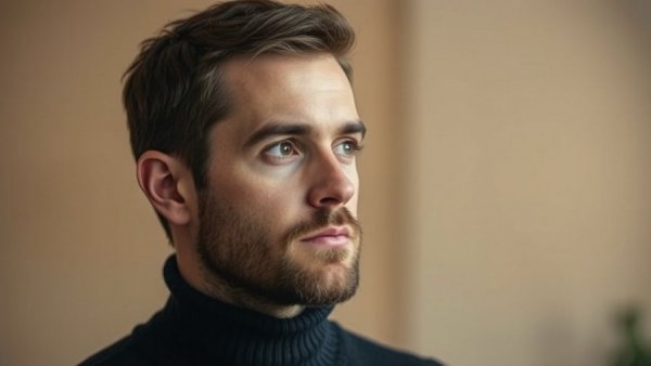 Focused man looking attentively with blurred background, soft lighting.