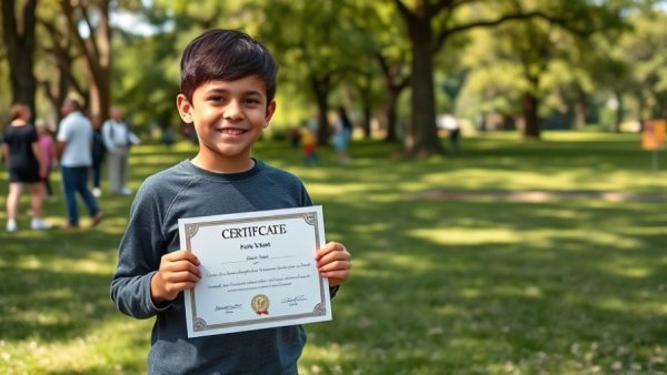 Young boy smiling with certificate in park, demands for safer roads.