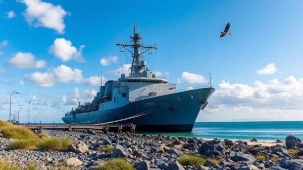 USS Makin Island at Seal Beach under bright sky, photorealistic.