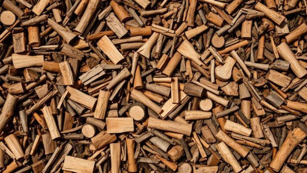 Close-up view of free mulch, scattered and textured wooden pieces.