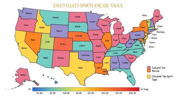 Map of U.S. distilled spirits taxes by state, showing tax rates with varying colors from $2.00 to $36.68.