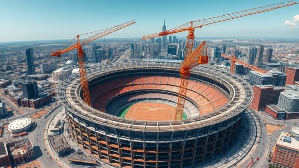 Stadium construction by top commercial contractors 2026, urban skyline.