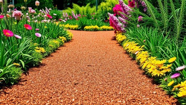 Mulched garden paths surrounded by colorful flowers and greenery.