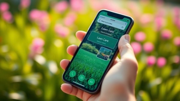 Close-up of LawnStarter Instant Quote System on phone in garden setting.