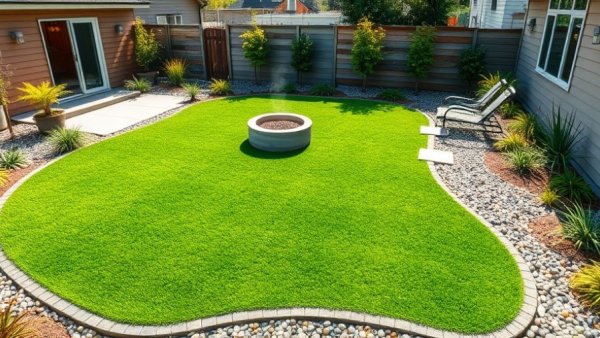 Artificial turf lawn landscaping designs in a modern backyard.