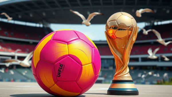 FIFA soccer ball and World Cup trophy in front of a stadium.