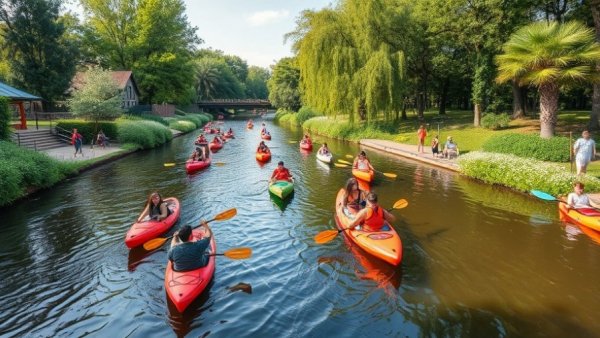 Taylor's Wave river surfing with people kayaking and lush greenery.