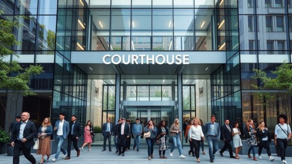 Modern California courthouse entrance with people walking.