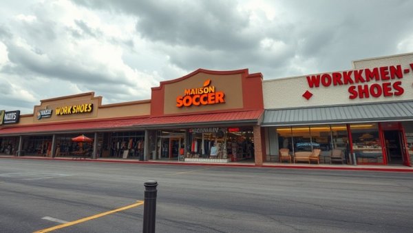 Commercial strip mall with clothing displays, Long Beach.