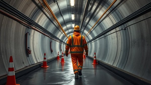 Construction worker in Amtrak East River Tunnel rehabilitation scene.