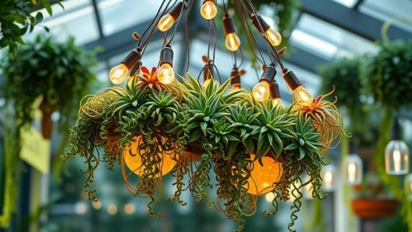 Charming succulent chandelier with string lights in a cozy patio