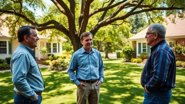 Two men discussing lawn care versus LawnStarter service.