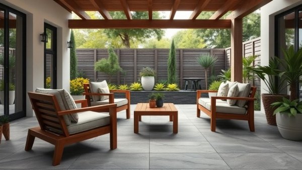 High-end patio flooring with stone slabs and wooden furniture