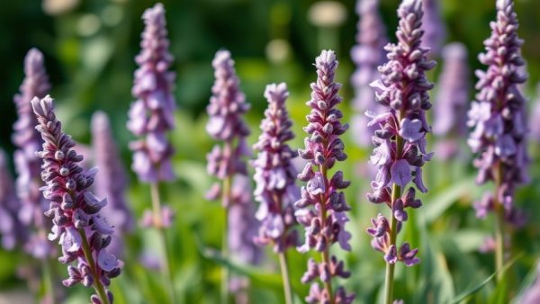 Low-maintenance plants thriving with purple flowers in a garden.