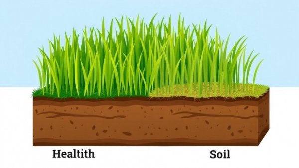 Illustration showing fall lawn care tips with healthy and unhealthy grass.