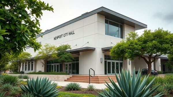 Newport Beach City Hall with plants, modern design