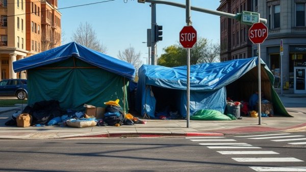 Street view of makeshift shelters highlighting homelessness issues.