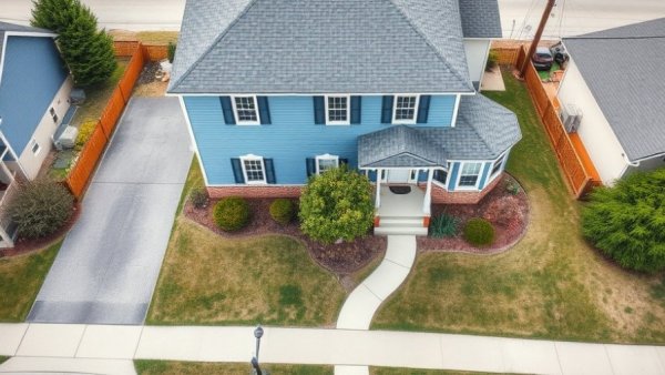 Suburban house with blue siding, ready for front porch addition.
