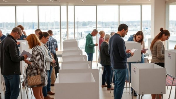Voters participate in Newport Beach ballot measures inside a bright room.