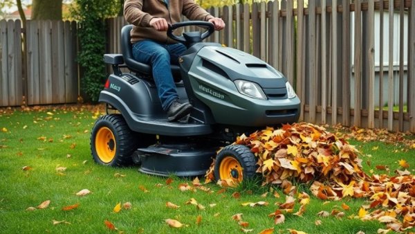 Lawn mowing autumn leaves as part of leaf management strategies.