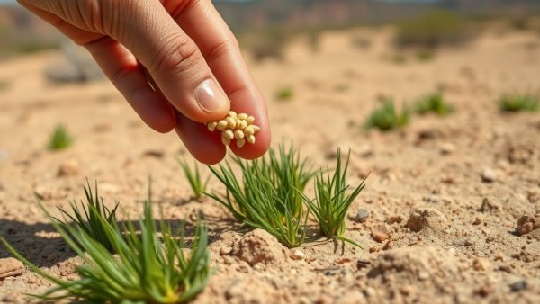 Winter grass seed sowing in Arizona soil close-up.