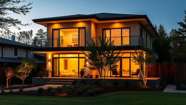 Modern home's exterior upgrades with stylish lighting and landscaping.