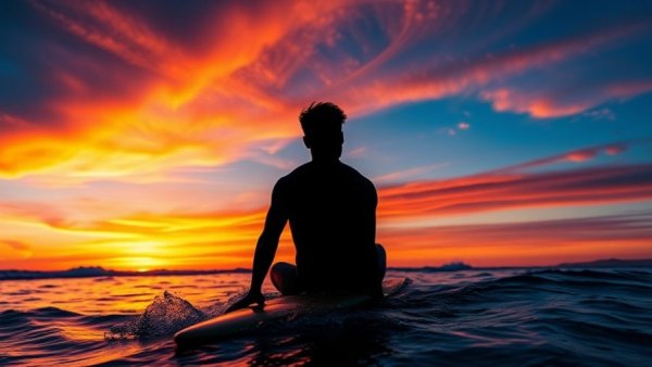Surfer's silhouette at sunset, urge surfing origin story setting.