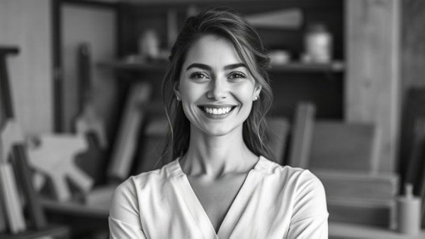 Portrait of a smiling female carpenter discussing exterior upgrades.