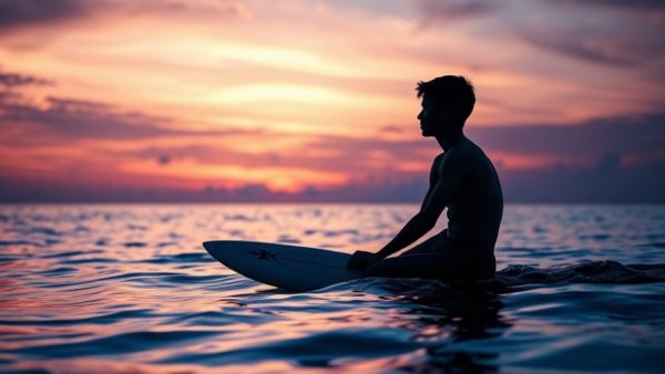 Surfer silhouette urges surfing at sunset against a colorful sky.