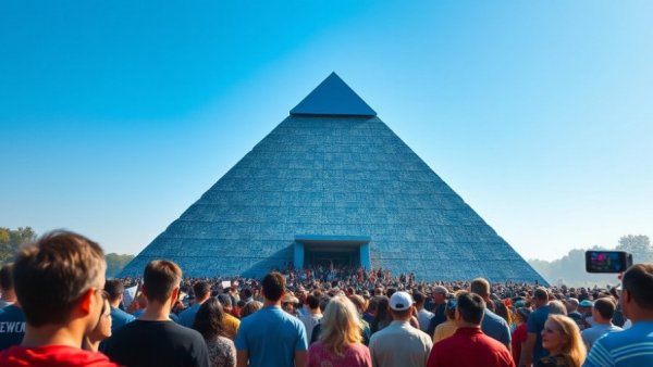 CSULB Pyramid with crowd, blue sky, sponsorship event
