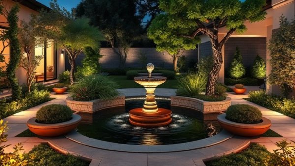 Modern water feature design ideas with lush garden and ambient lighting.