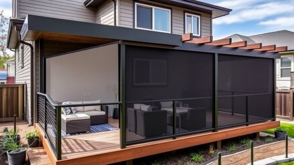 Modern elevated deck with privacy features and stylish outdoor setup