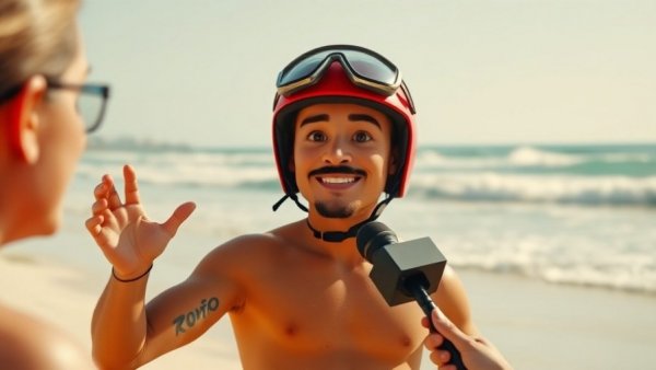 Cartoon surfer discussing surf safety on beach interview