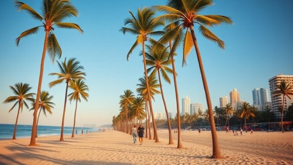 Record humidity in Southern California beach with palm trees and skyline