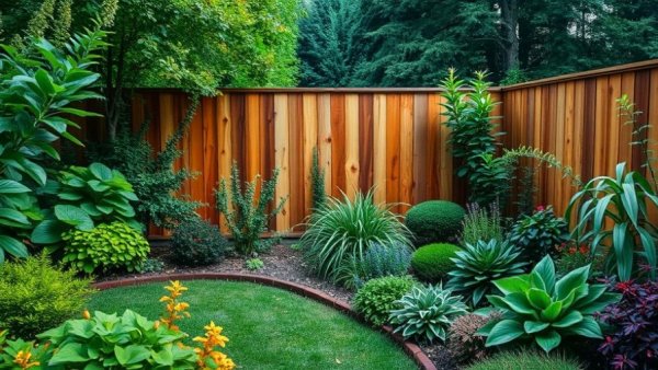 Lush backyard garden with wooden privacy fence