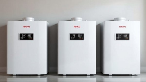 Three Rinnai REHP Series water heaters with digital displays