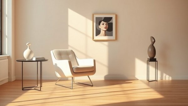 Minimalistic contemporary living room with cream chair and abstract elements.