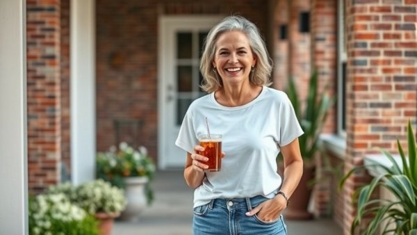 Smiling woman on porch holding a drink, Huntington Beach booster club theft.