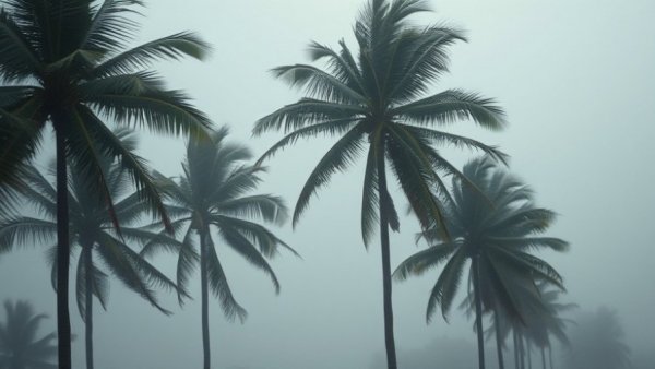 El Niño impact in Southern California: Stormy winds bend palm trees.