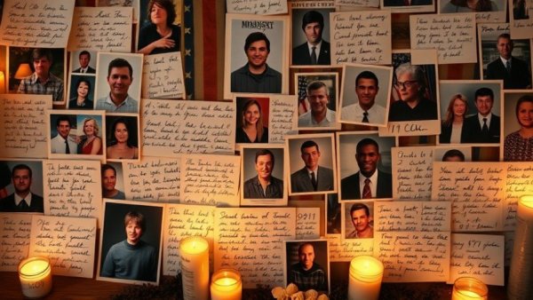 25th anniversary of 9/11 memorial collage with victims' photos and notes.