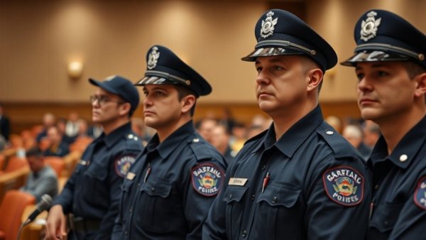 Costa Mesa police officers lining up during a meeting about pay increases.