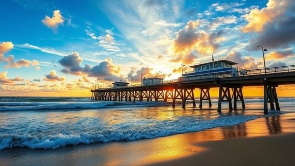 Huntington Beach Pier at sunrise, vibrant clouds over calm ocean.