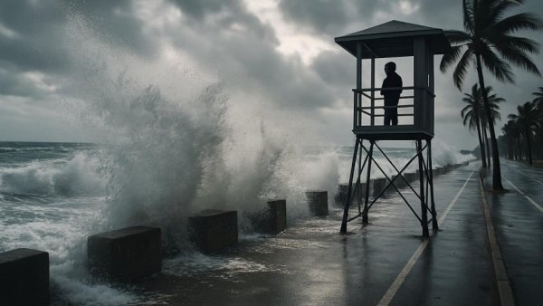 Waves crash against beach in Orange County under tropical heat.