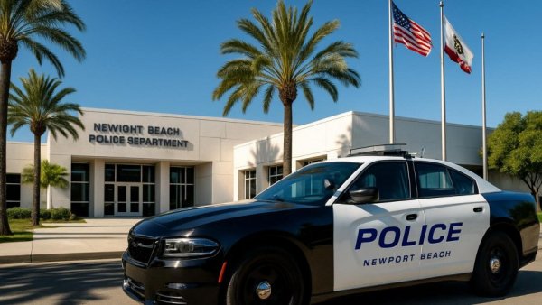 Newport Beach Police Department entrance with vehicle and flags