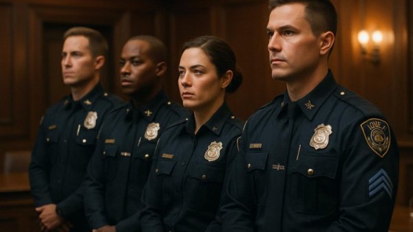 Costa Mesa police officers stand attentively at a city meeting.