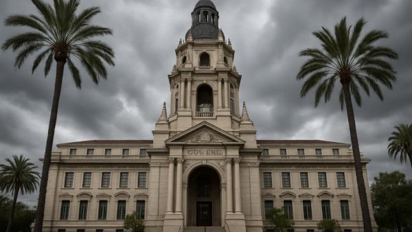 Huntington Beach city hall under dramatic clouds.