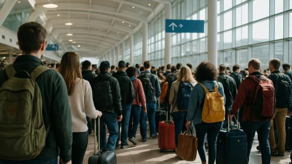Crowded airport terminal with travelers in line